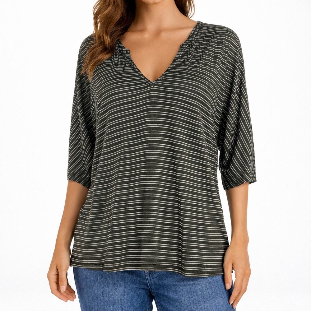 Soft Joie 3/4 Dolman Sleeves V Neck Striped Casual Top Green Size XS